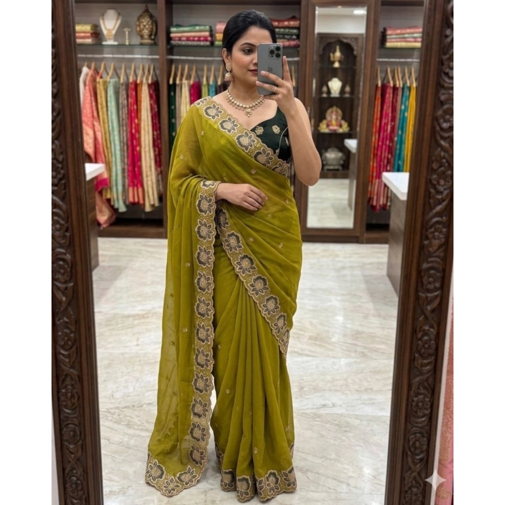 Women's Star Georgette Embroidered Saree with Blouse – Olive Green