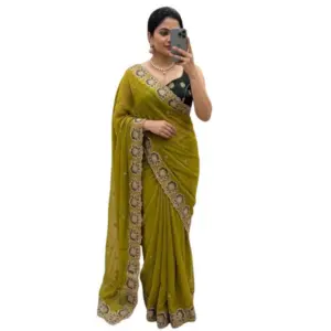 Women's Star Georgette Embroidered Saree with Blouse – Olive Green