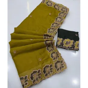Women's Star Georgette Embroidered Saree with Blouse – Olive Green
