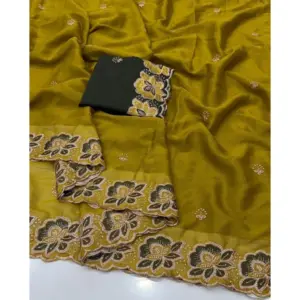 Women's Star Georgette Embroidered Saree with Blouse – Olive Green