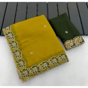 Women's Star Georgette Embroidered Saree with Blouse – Olive Green