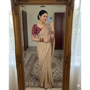 Women's Star Georgette Embroidered Saree with Blouse – Beige