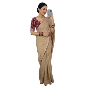 Women's Star Georgette Embroidered Saree with Blouse – Beige