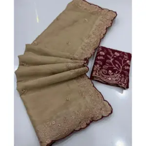 Women's Star Georgette Embroidered Saree with Blouse – Beige