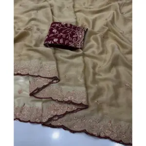 Women's Star Georgette Embroidered Saree with Blouse – Beige