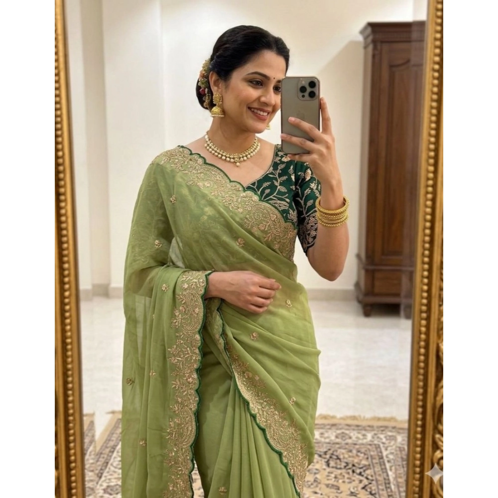 Women's Star Georgette Embroidered Saree with Blouse – Green