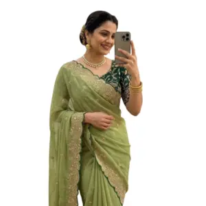 Women's Star Georgette Embroidered Saree with Blouse – Green