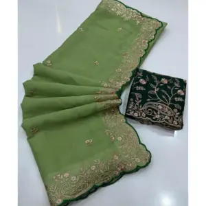 Women's Star Georgette Embroidered Saree with Blouse – Green