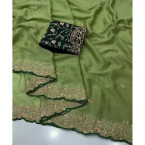 Women's Star Georgette Embroidered Saree with Blouse – Green