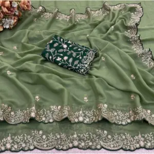 Women's Star Georgette Embroidered Saree with Blouse – Green