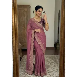 Women's Star Georgette Embroidered Saree with Blouse – Pink