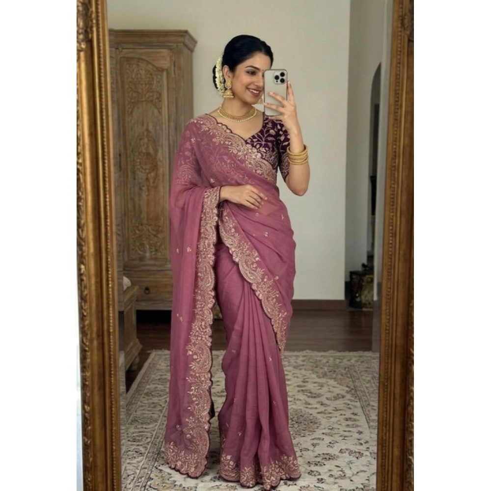Women's Star Georgette Embroidered Saree with Blouse – Pink