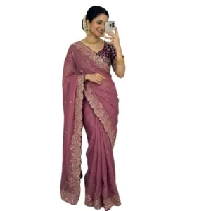 Women's Star Georgette Embroidered Saree with Blouse – Pink