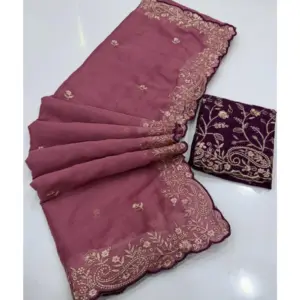 Women's Star Georgette Embroidered Saree with Blouse – Pink