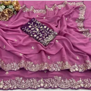Women's Star Georgette Embroidered Saree with Blouse – Pink