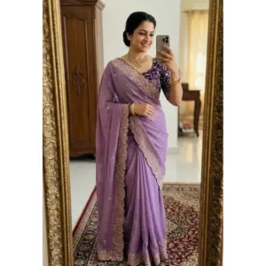 Women's Star Georgette Embroidered Saree with Blouse – Purple