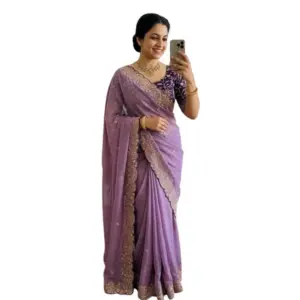 Women's Star Georgette Embroidered Saree with Blouse – Purple