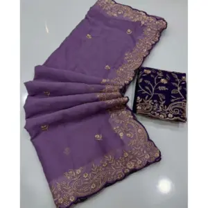 Women's Star Georgette Embroidered Saree with Blouse – Purple