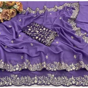Women's Star Georgette Embroidered Saree with Blouse – Purple