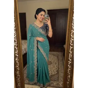 Women's Star Georgette Embroidered Saree with Blouse – Sea Green