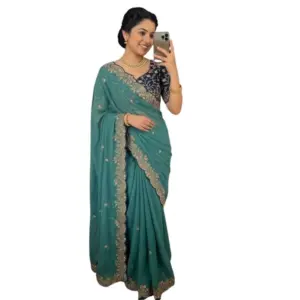 Women's Star Georgette Embroidered Saree with Blouse – Sea Green