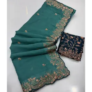 Women's Star Georgette Embroidered Saree with Blouse – Sea Green