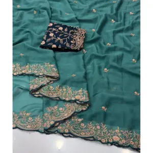 Women's Star Georgette Embroidered Saree with Blouse – Sea Green