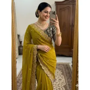 Women's Star Georgette Embroidered Saree with Blouse – Mustard Yellow