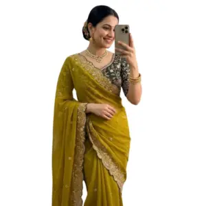 Women's Star Georgette Embroidered Saree with Blouse – Mustard Yellow