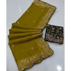 Women's Star Georgette Embroidered Saree with Blouse – Mustard Yellow
