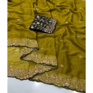 Women's Star Georgette Embroidered Saree with Blouse – Mustard Yellow
