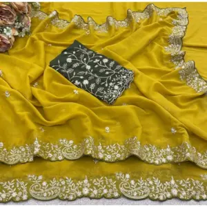 Women's Star Georgette Embroidered Saree with Blouse – Mustard Yellow