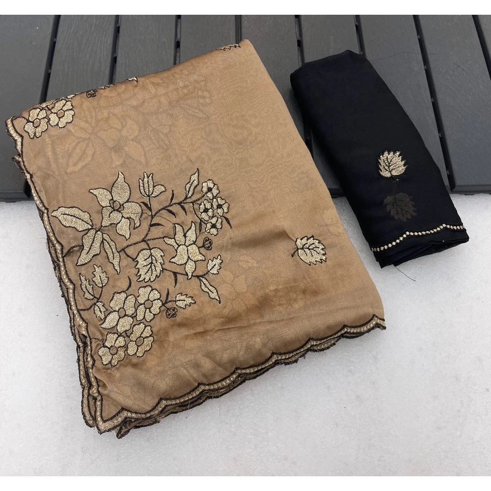Women's Viscose Silk Embroidered Saree with Blouse – Gold