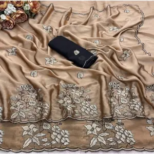 Women's Viscose Silk Embroidered Saree with Blouse – Gold