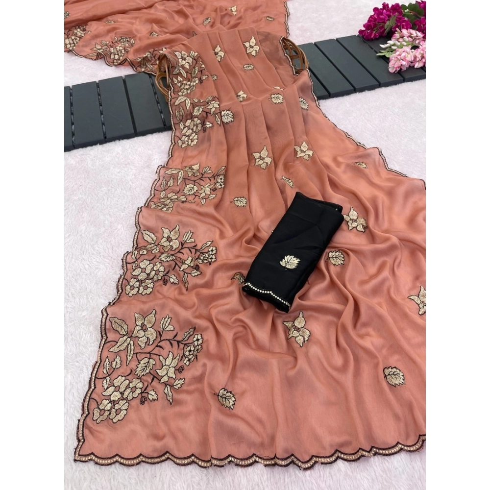 Women's Viscose Silk Embroidered Saree with Blouse – Peach