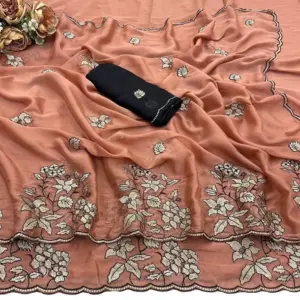 Women's Viscose Silk Embroidered Saree with Blouse – Peach