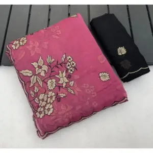 Women's Viscose Silk Embroidered Saree with Blouse – Pink