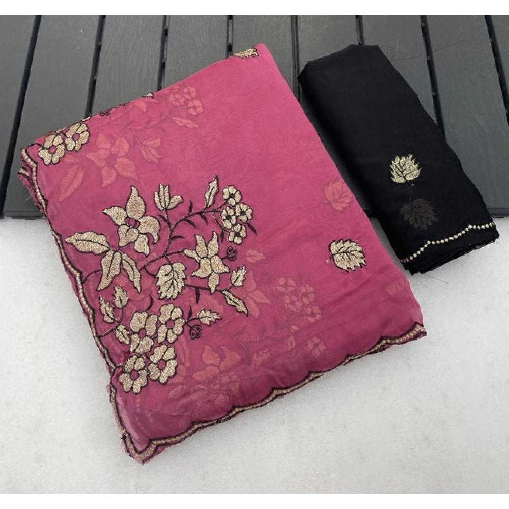 Women's Viscose Silk Embroidered Saree with Blouse – Pink