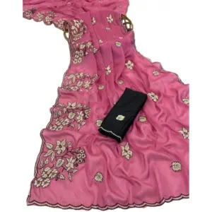 Women's Viscose Silk Embroidered Saree with Blouse – Pink