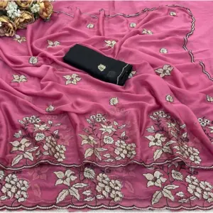 Women's Viscose Silk Embroidered Saree with Blouse – Pink