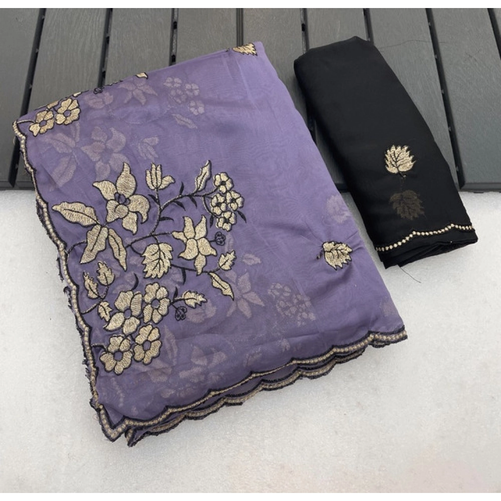 Women's Viscose Silk Embroidered Saree with Blouse – Purple