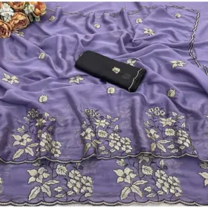 Women's Viscose Silk Embroidered Saree with Blouse – Purple