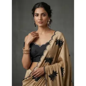 Women's Viscose Silk Embroidered Saree with Blouse – Beige