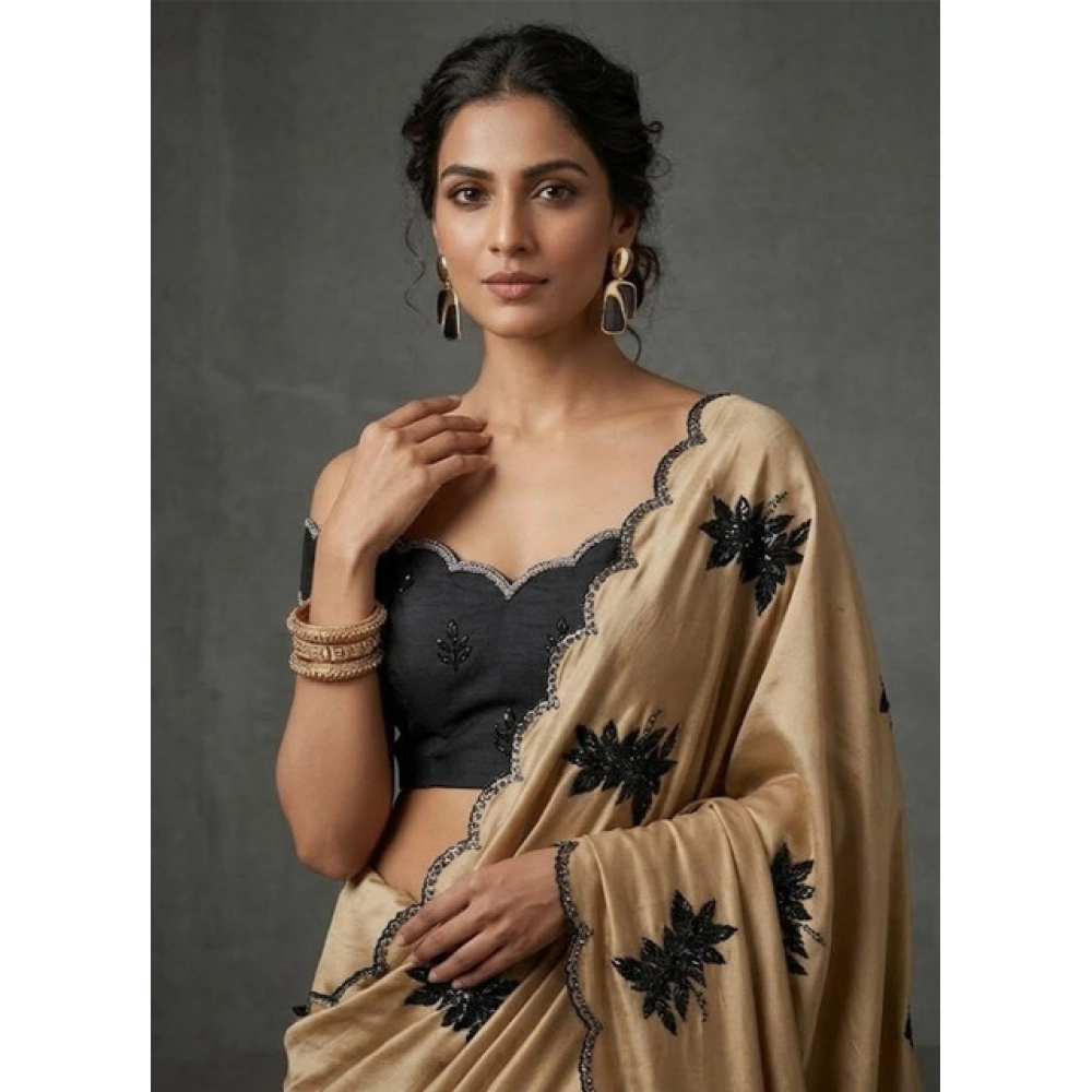 Women's Viscose Silk Embroidered Saree with Blouse – Beige