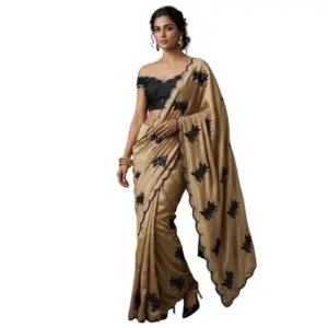Women's Viscose Silk Embroidered Saree with Blouse – Beige