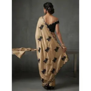 Women's Viscose Silk Embroidered Saree with Blouse – Beige