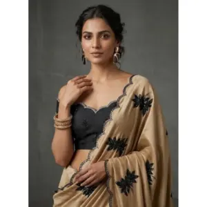 Women's Viscose Silk Embroidered Saree with Blouse – Beige