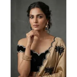 Women's Viscose Silk Embroidered Saree with Blouse – Beige