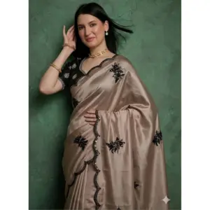Women's Viscose Silk Embroidered Saree with Blouse – Beige