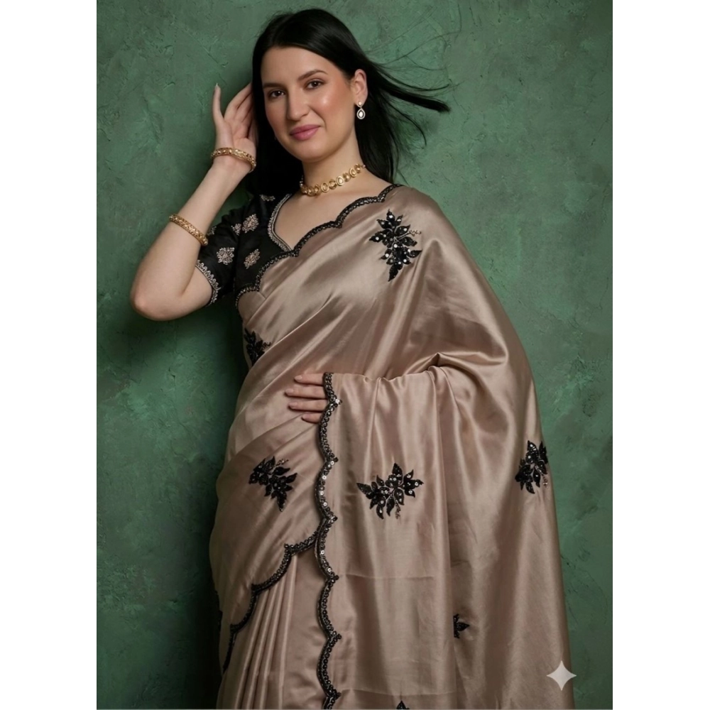 Women's Viscose Silk Embroidered Saree with Blouse – Beige